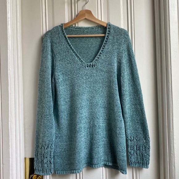 Chico’s Aqua Blue Crochet Knit V Neck Sweater - Picture 9 of 11